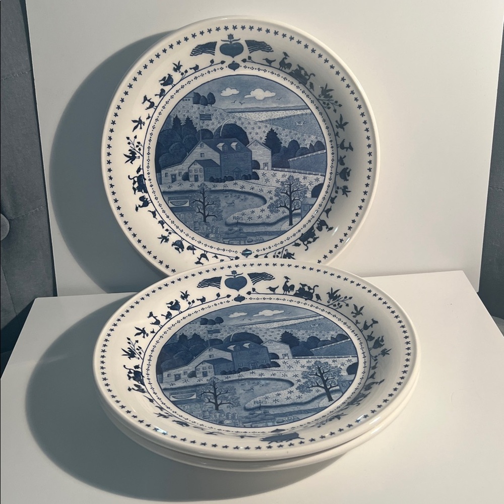 Nikko Charles Wysocki Americana Blue White Rimmed Soup Bowls Set of 3 Japan